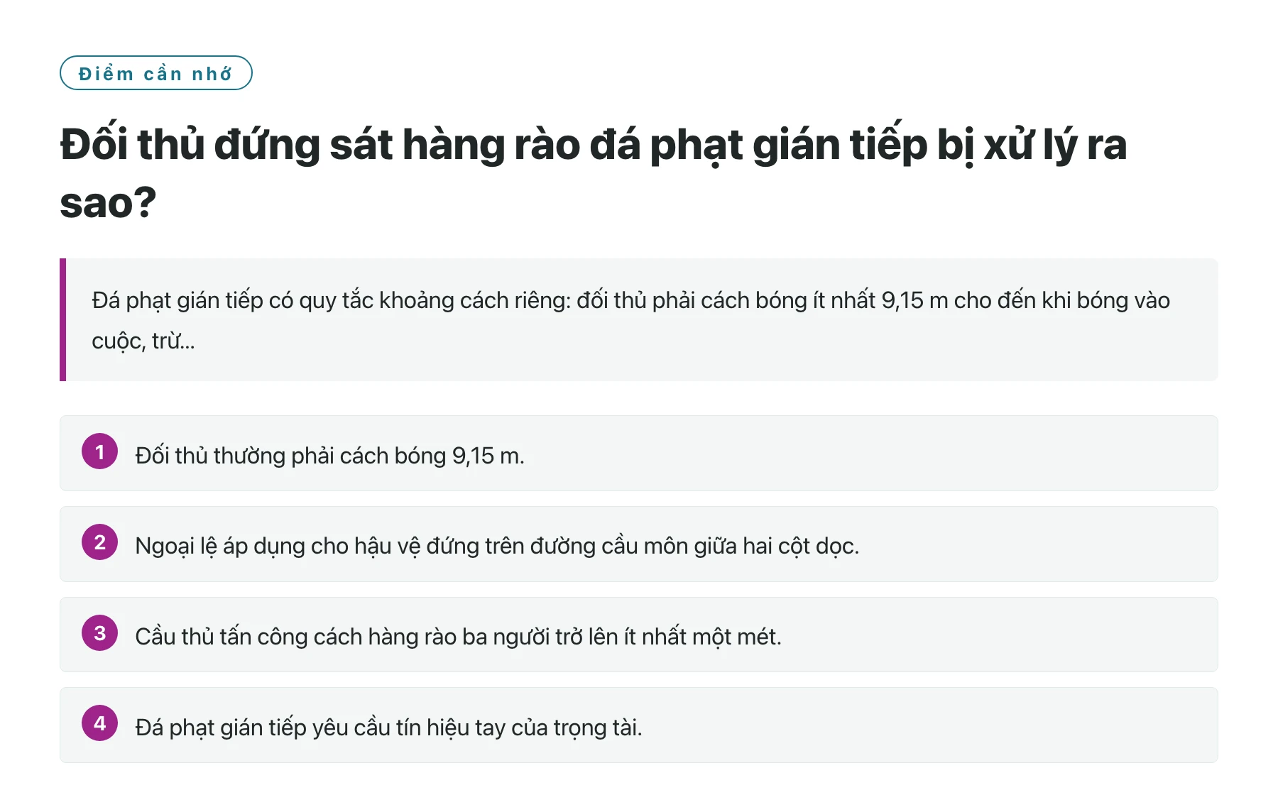 Đối thủ đứng sát hàng rào đá phạt gián tiếp bị xử lý ra sao?——全文要点速览